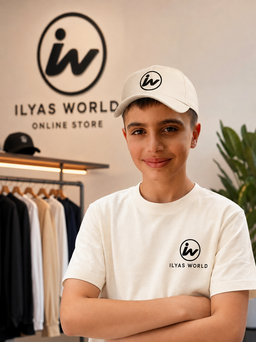 Ilyas Hadi wearing Ilyas World apparel in the brand studio